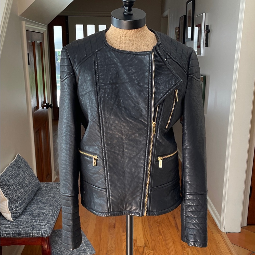 Calvin Klein Black Genuine Leather Jacket with Gold Accents